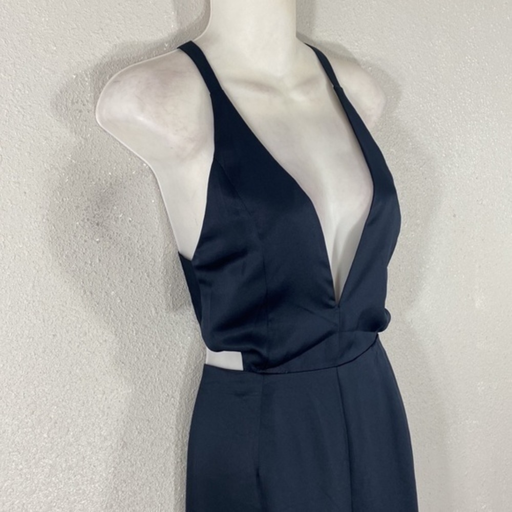 NWT Sugar+Lips Deep Navy Satin Cross Back Cutout Side Wide Leg Jumpsuit Small S - Picture 4 of 10